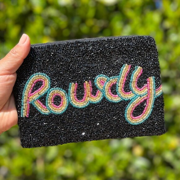 ROWDY Black Seed Beaded Pom-Pom Zipper Money Makeup Storage Pouch NEW - Picture 1 of 2